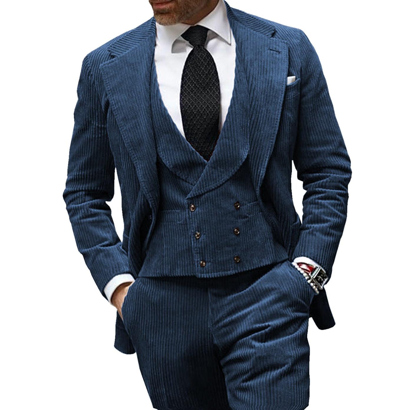 Ceehuteey Corduroy Men’s Pieces Blazer Blazer+Vest+Pants – Blue R