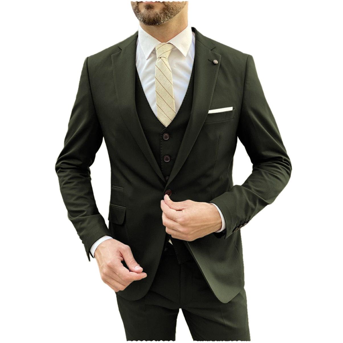 Ceehuteey Flat Notch Lapel Pieces Mens Suit Blazer+Vest+Pants – Army Green R