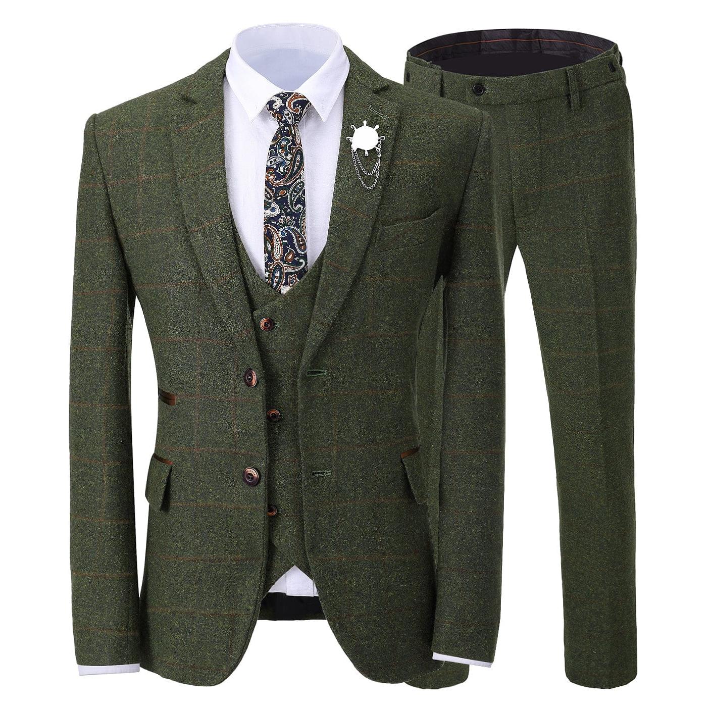 Ceehuteey Men’s Pieces Tweed Plaid Notch Lapel Suit Men for Blazer+Vest+Pants – Hunt Green R Ceehuteey Men’s Pieces Tweed Plaid Notch Lapel Suit Men for Blazer+Vest+Pants – Hunt Green R