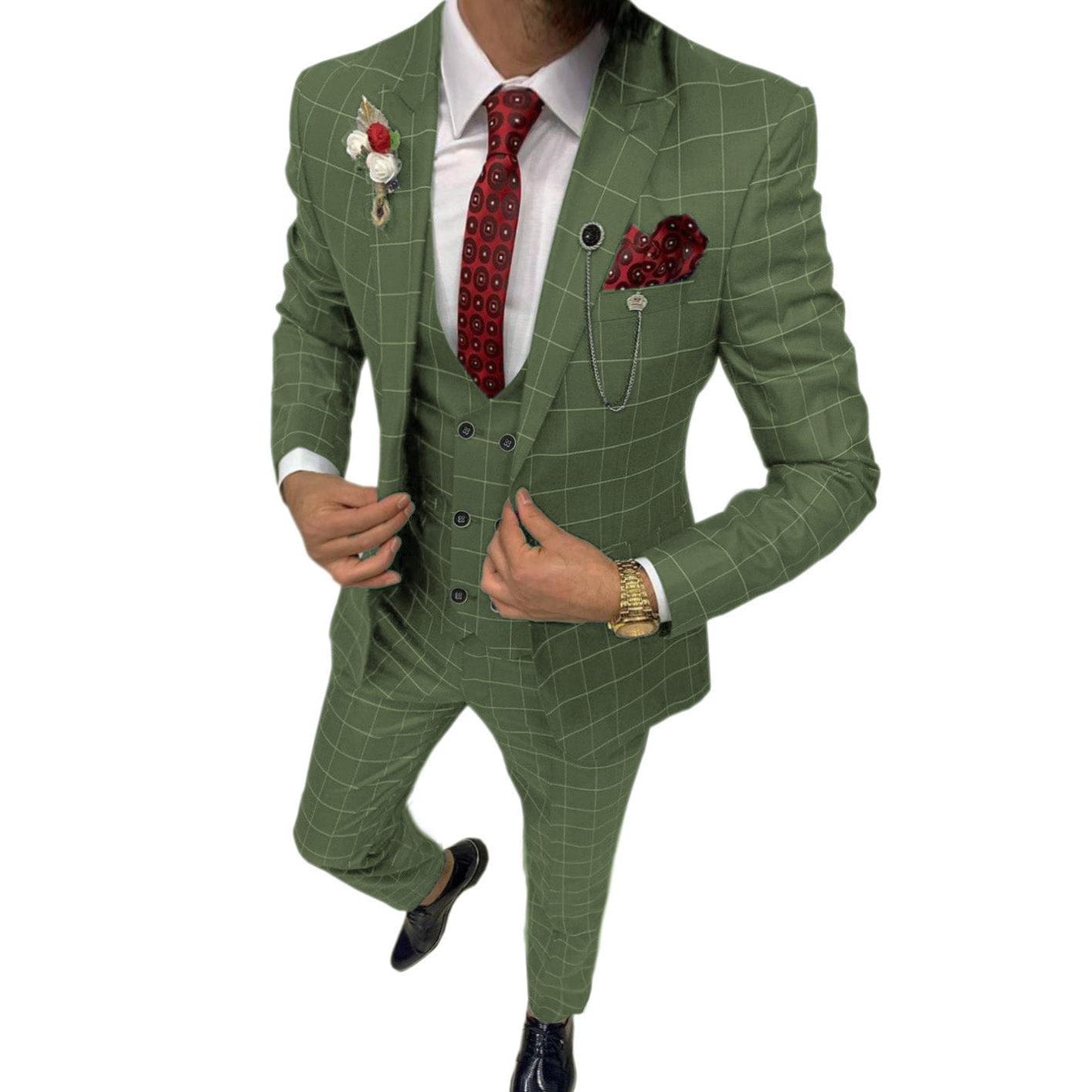Ceehuteey Mens Suit Pieces Plaid Peak Lapel Suits Blazer+Vest+Pants – Olive Green R