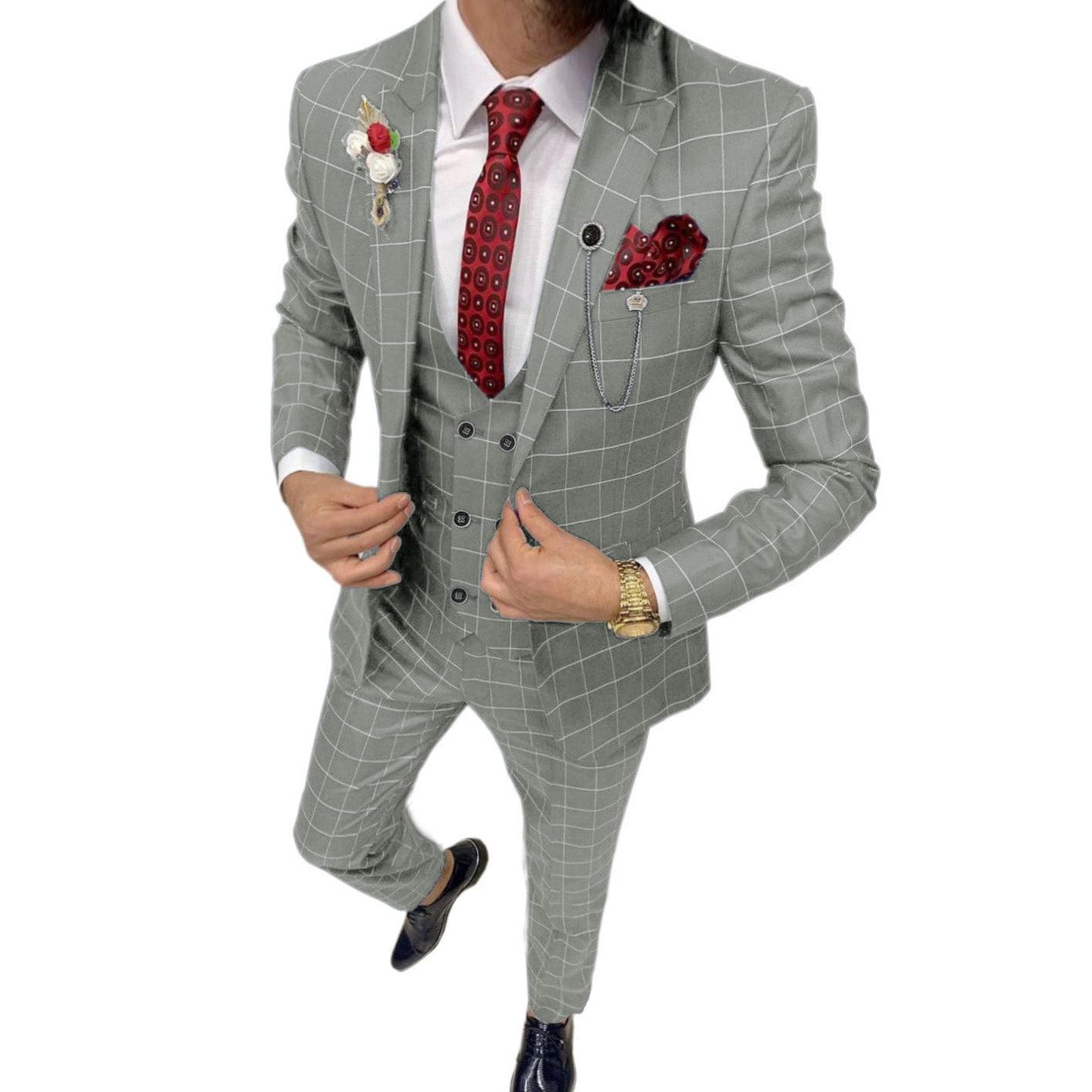 Ceehuteey Mens Suit Pieces Plaid Peak Lapel Suits Blazer+Vest+Pants – Silver Grey R Ceehuteey Mens Suit Pieces Plaid Peak Lapel Suits Blazer+Vest+Pants – Silver Grey R