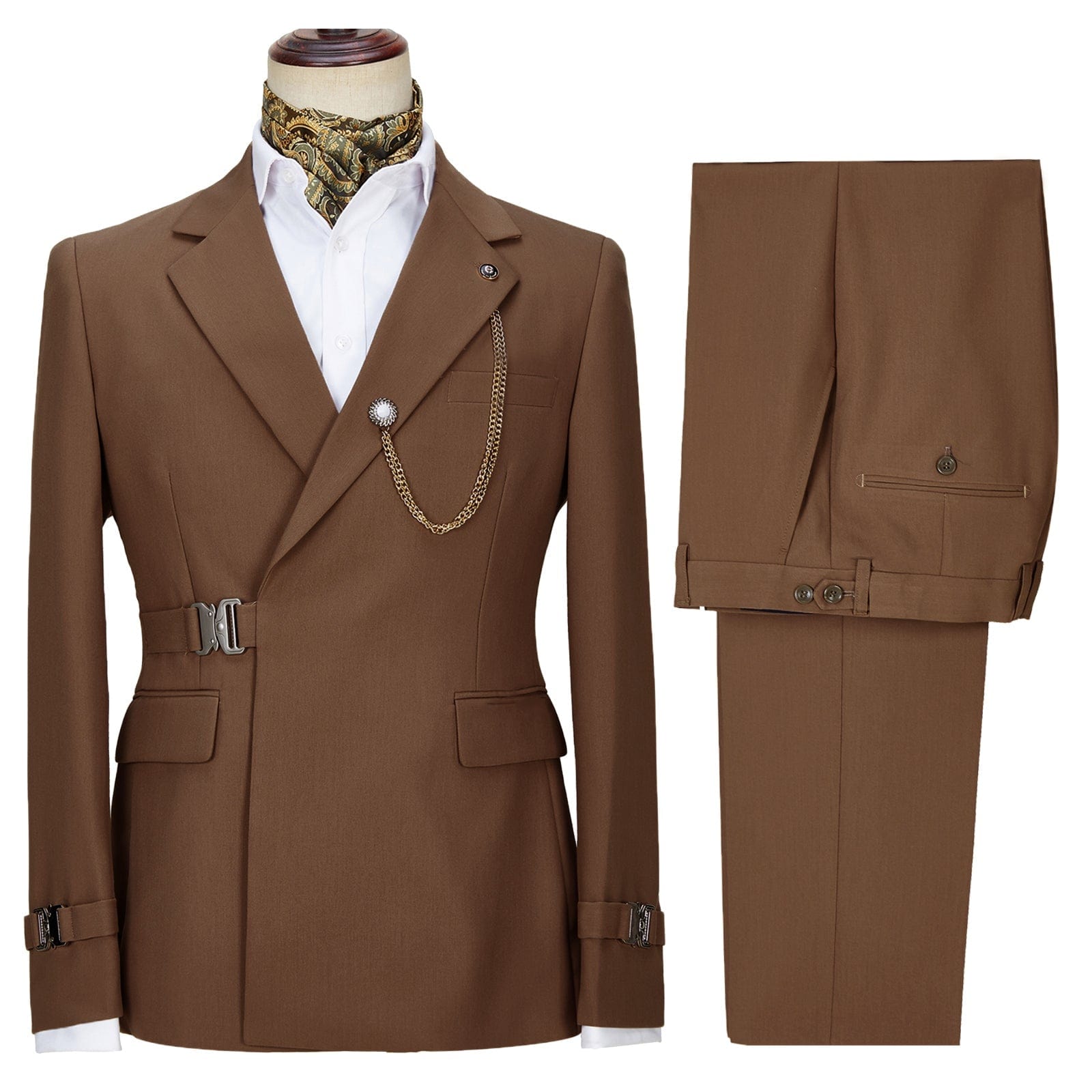 Ceehuteey Men’s Piece Solid Notch Lapel Suit Set with Metal Clasp Blazer+Pants – Brown R