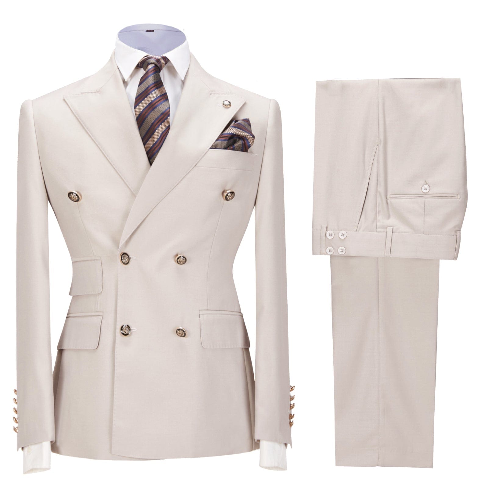 Ceehuteey Men’s Pieces Double Breasted Peak Lapel Gent Suit Blazer+Pants – Beige R
