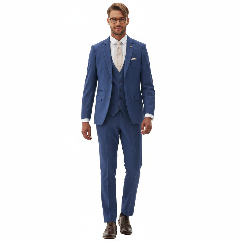 Men’s Pieces Navy Tweed Wool Herringbone Notch Lapel Suit Blazer+Vest+Pants – Navy R