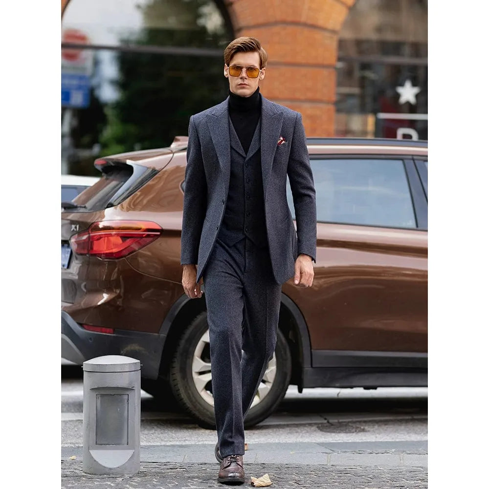 Ceehuteey Men’s Pieces Peak lapel Herringbone Classic suit Blazer+Vest+Pants – Navy R Ceehuteey Men’s Pieces Peak lapel Herringbone Classic suit Blazer+Vest+Pants – Navy R