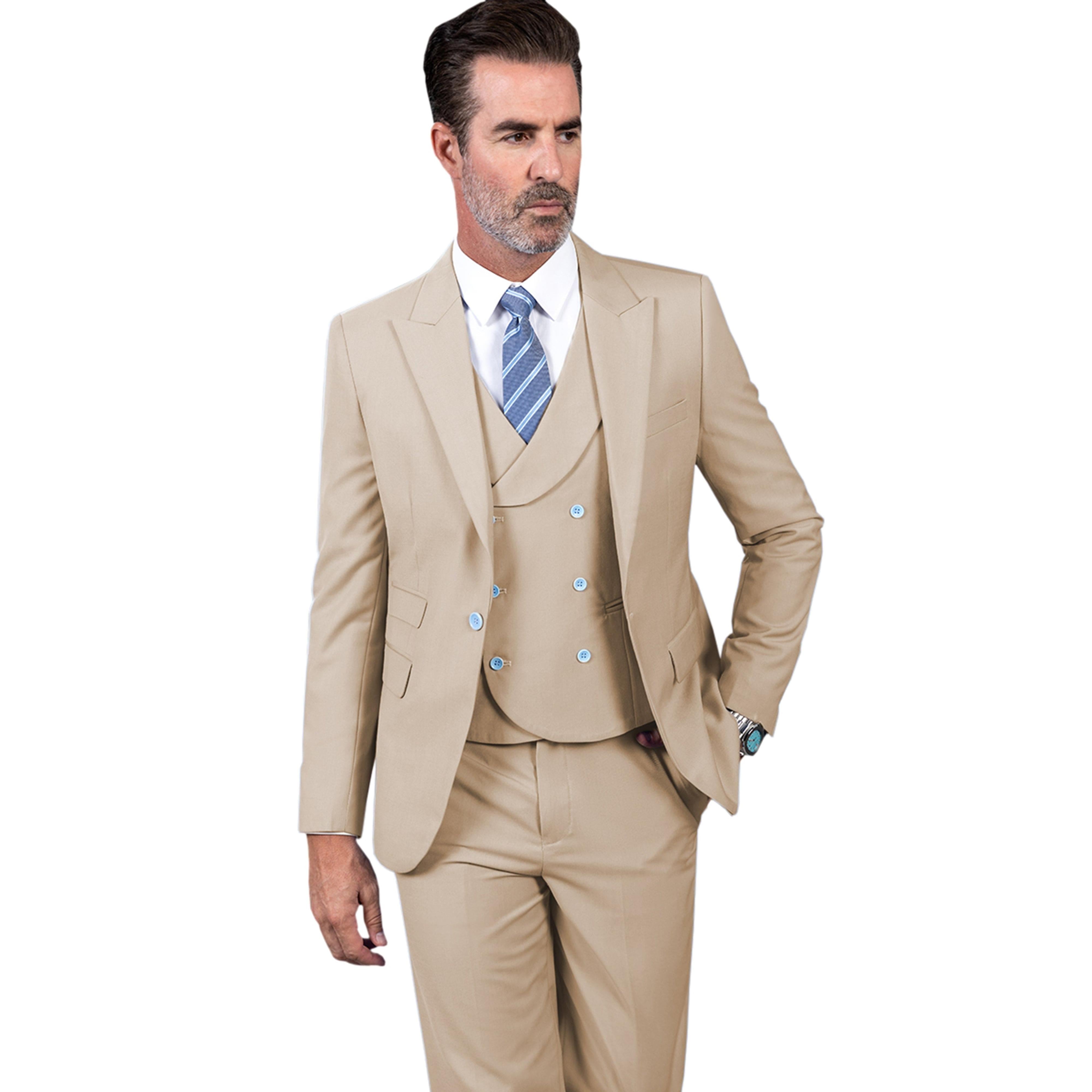 Ceehuteey Men’s Pieces Slim Peak Lapel suit Blazer+Vest+Pants – Beige R Ceehuteey Men’s Pieces Slim Peak Lapel suit Blazer+Vest+Pants – Beige R