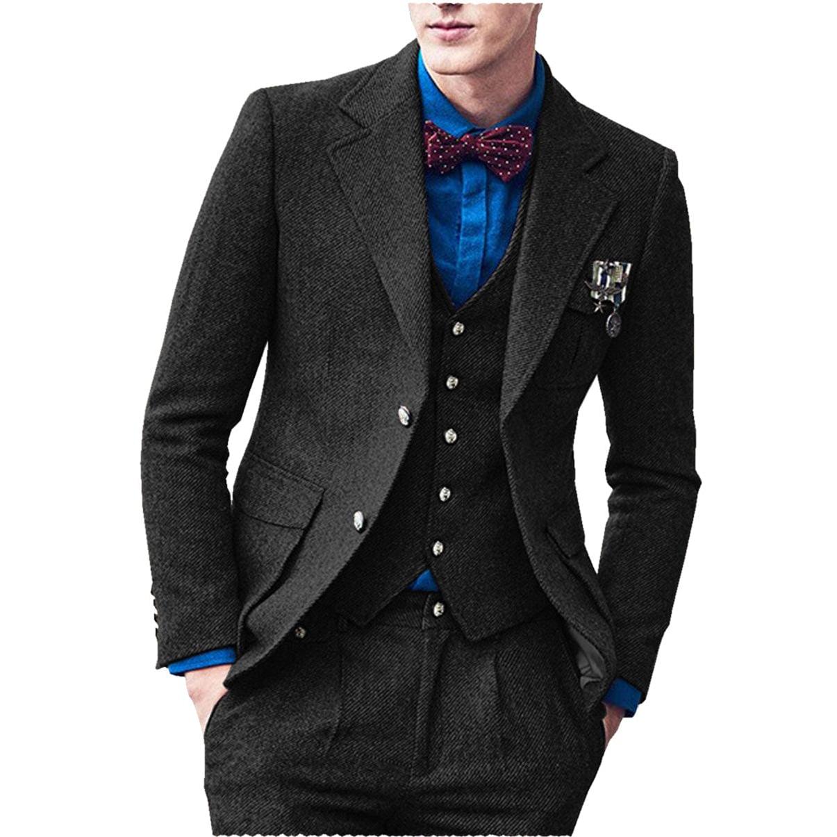 Ceehuteey Men’s Pieces Suit Classic Herringbone Tweed Peak Lapel Gent Suits Blazer+Vest+Pants – Black R