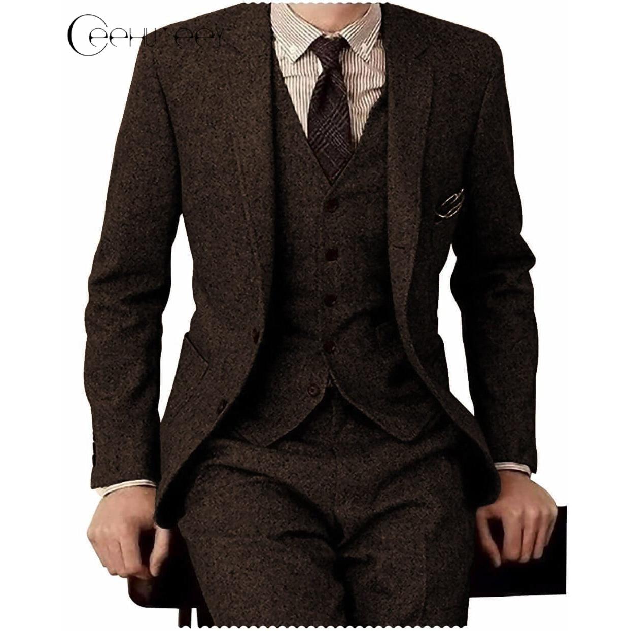 Ceehuteey Men’s Pieces Suit Classic Tweed Notch Lapel Suits PromBlazer+Vest+Pants – Coffee R Ceehuteey Men’s Pieces Suit Classic Tweed Notch Lapel Suits PromBlazer+Vest+Pants – Coffee R