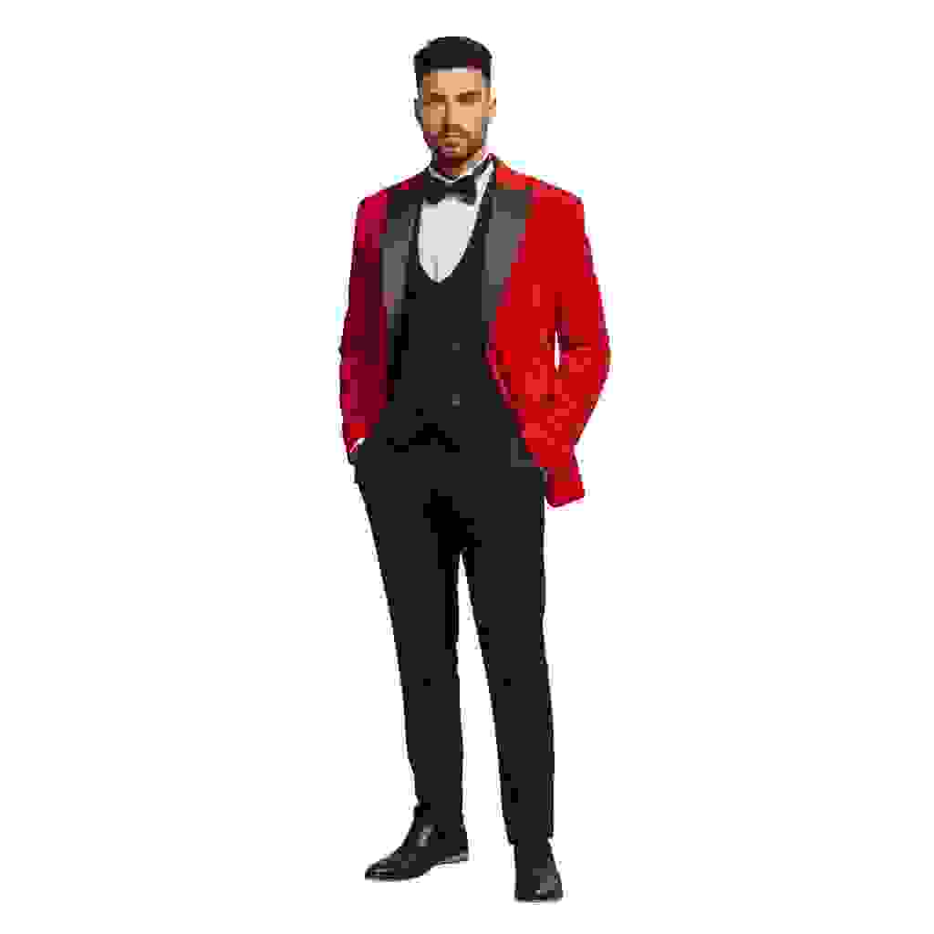 Men’s Pieces Velvet Dinner Jacket for Suit Blazer+Vest+Pants – Red R
