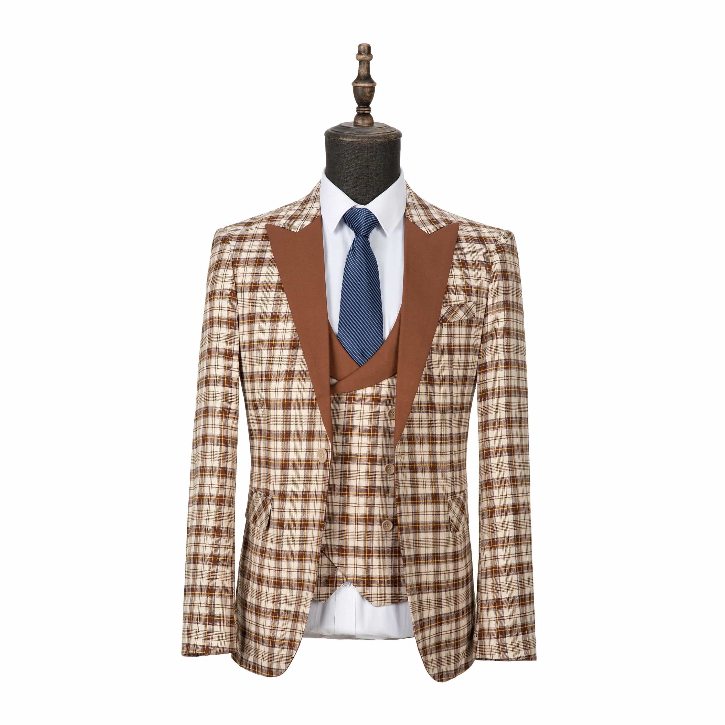 Ceehuteey Men’s Classic plaid suit Peak Lapel Pieces suit Blazer+Vest+Pants – Brown R Ceehuteey Men’s Classic plaid suit Peak Lapel Pieces suit Blazer+Vest+Pants – Brown R