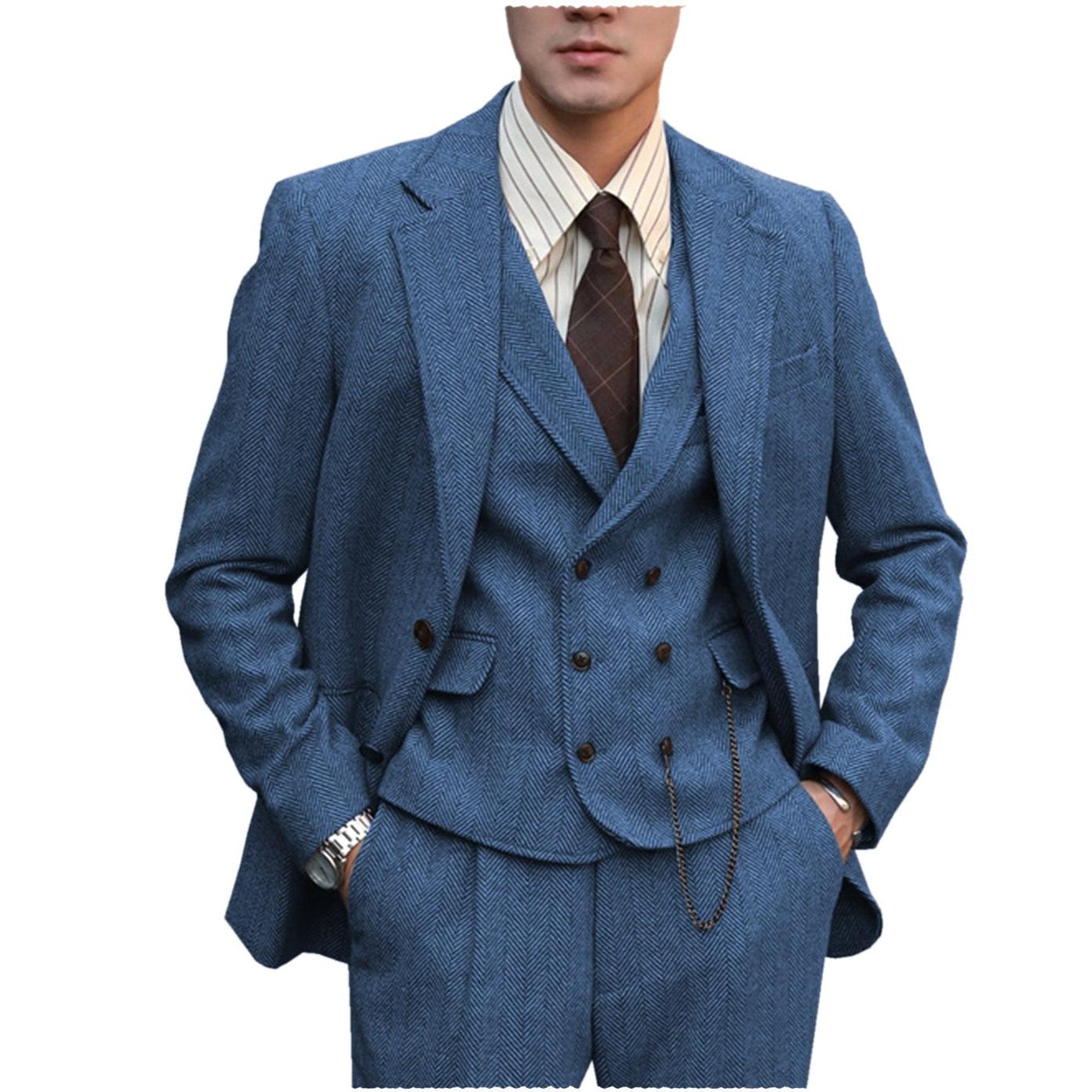 Ceehuteey Men’s Classical Herringbone Suits Piece Suits Groom Suits Blazer+Vest+Pants – Blue R