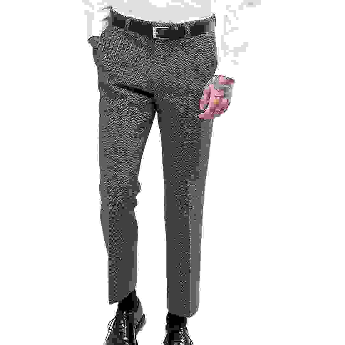 Ceehuteey Men’s Herringbone Tweed Trousers – Grey W X L