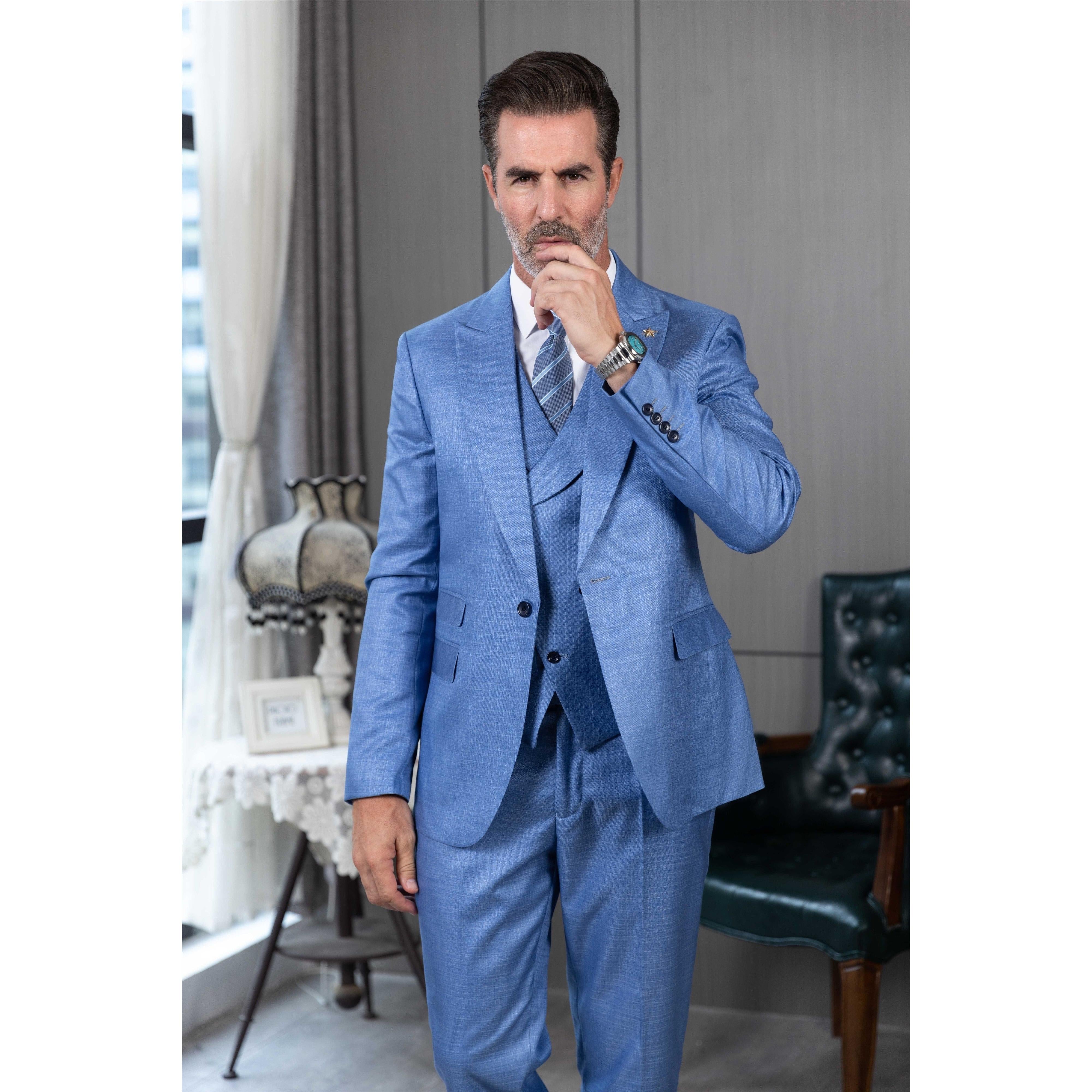 Ceehuteey Men’s Linen Pieces Peak Lapel Western Mens SuitBlazer+Vest+ Pant – Blue R Ceehuteey Men’s Linen Pieces Peak Lapel Western Mens SuitBlazer+Vest+ Pant – Blue R
