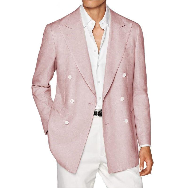Ceehuteey Men’s Linen Notch Lapel Double Breasted Solid Blazer – Pink R