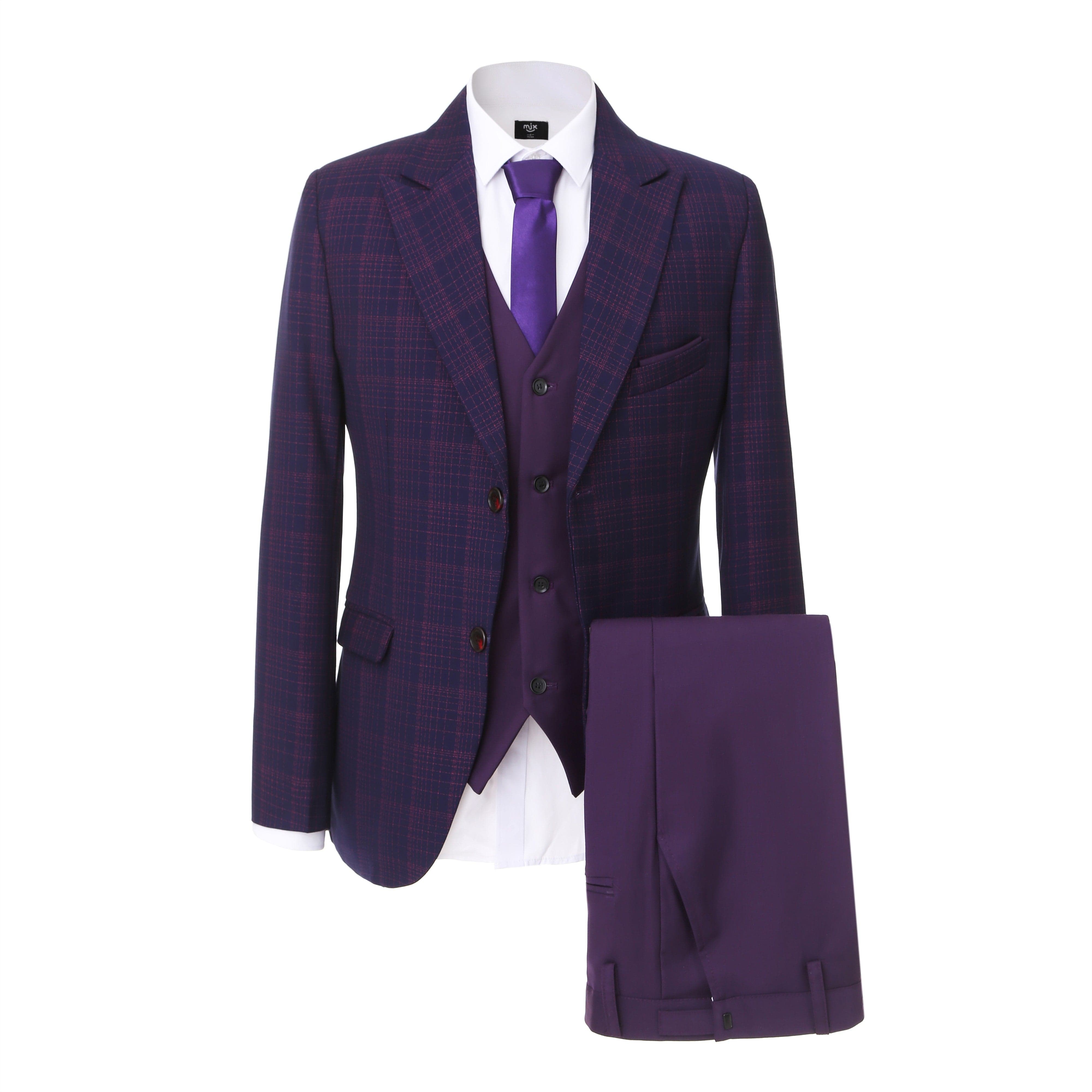 Ceehuteey Men’s Plaid Pieces Tweed Peak lapel Suit Blazer+Vest+Pants – Dark Purple R Ceehuteey Men’s Plaid Pieces Tweed Peak lapel Suit Blazer+Vest+Pants – Dark Purple R