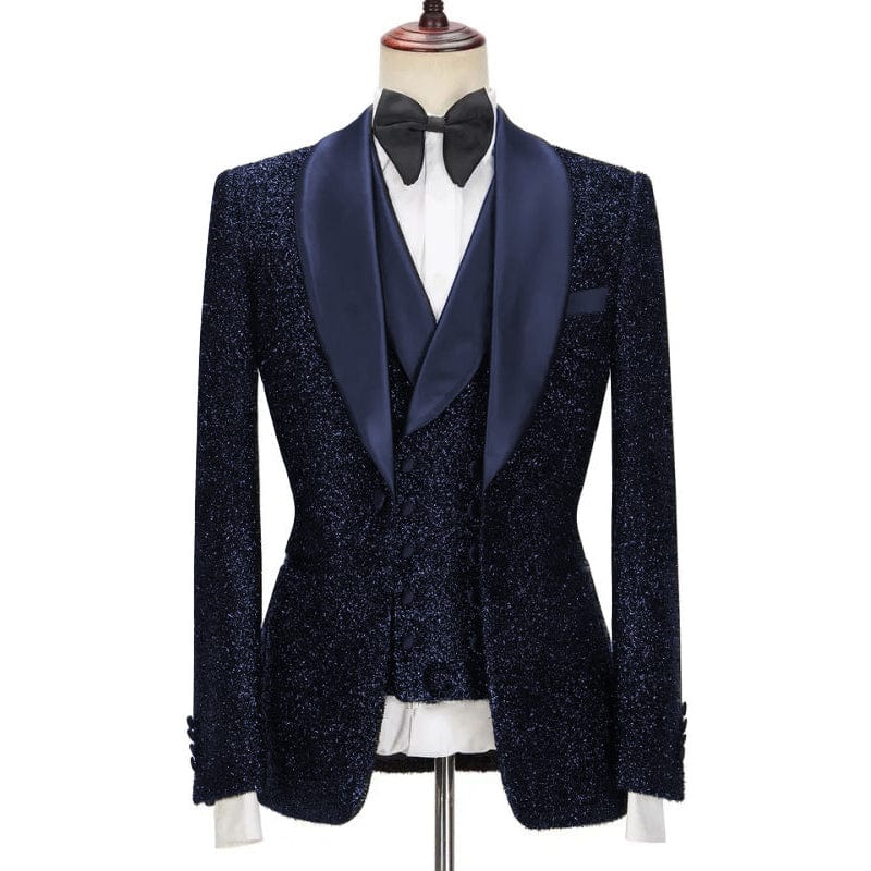 Ceehuteey Men’s Shiny Sequins Piece Suit Blazer One Button Double Breasted Prom Blazer + Vest + Pants – Navy R