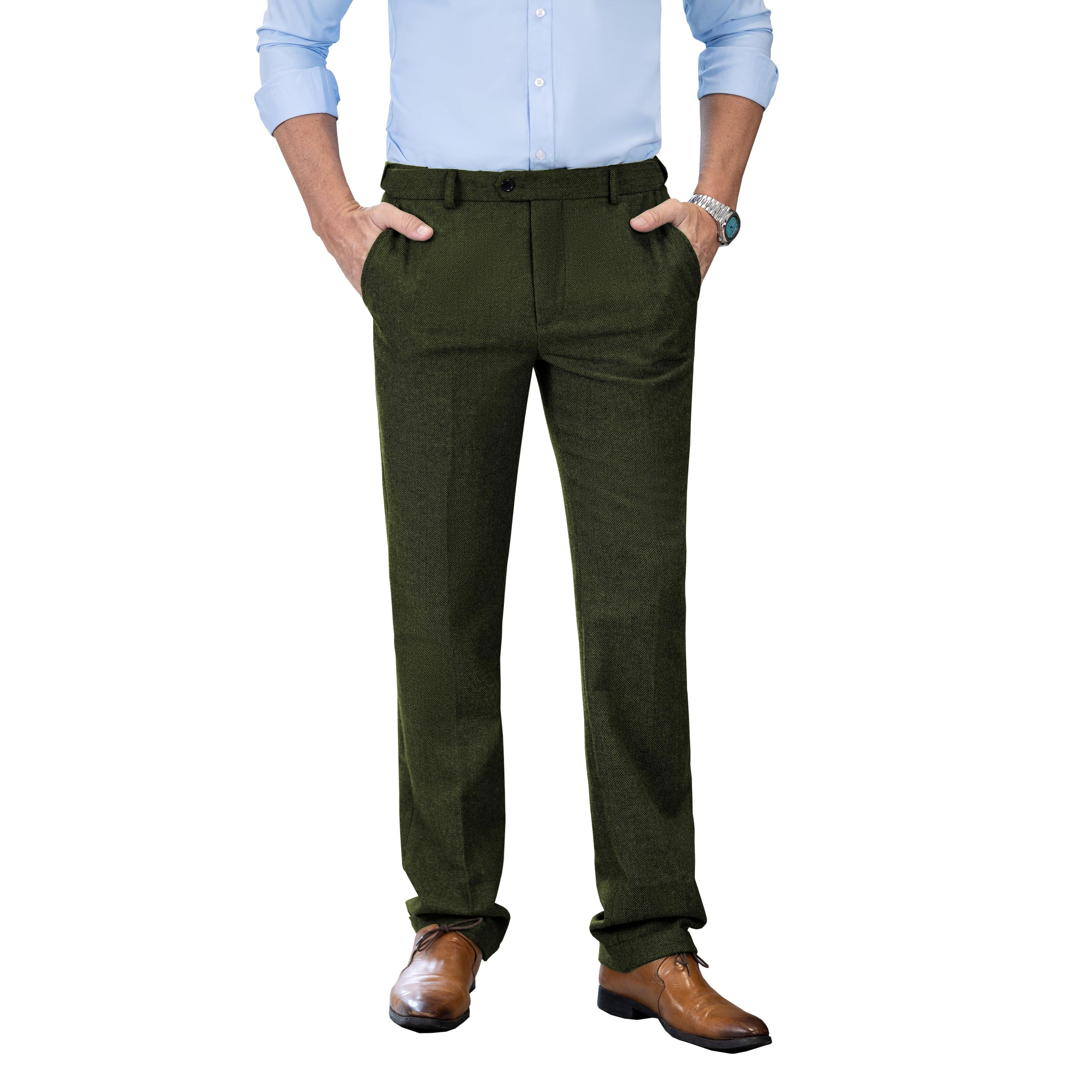 Ceehuteey Men’s winter Classic Herringbone Tweed Trousers – Army Green W xL
