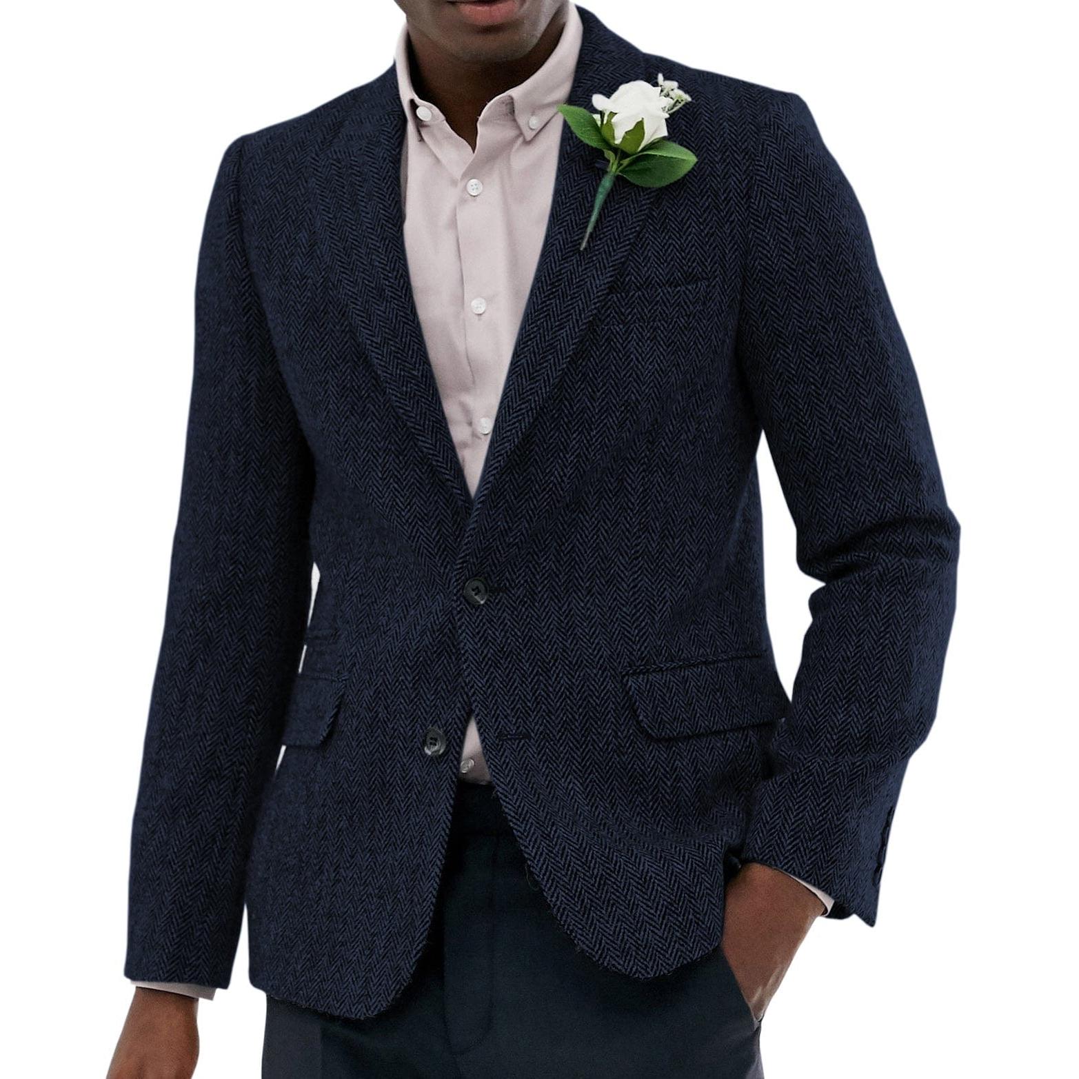 Ceehuteey Men’s Wool Herringbone Notch Lapel Blazer – Navy R