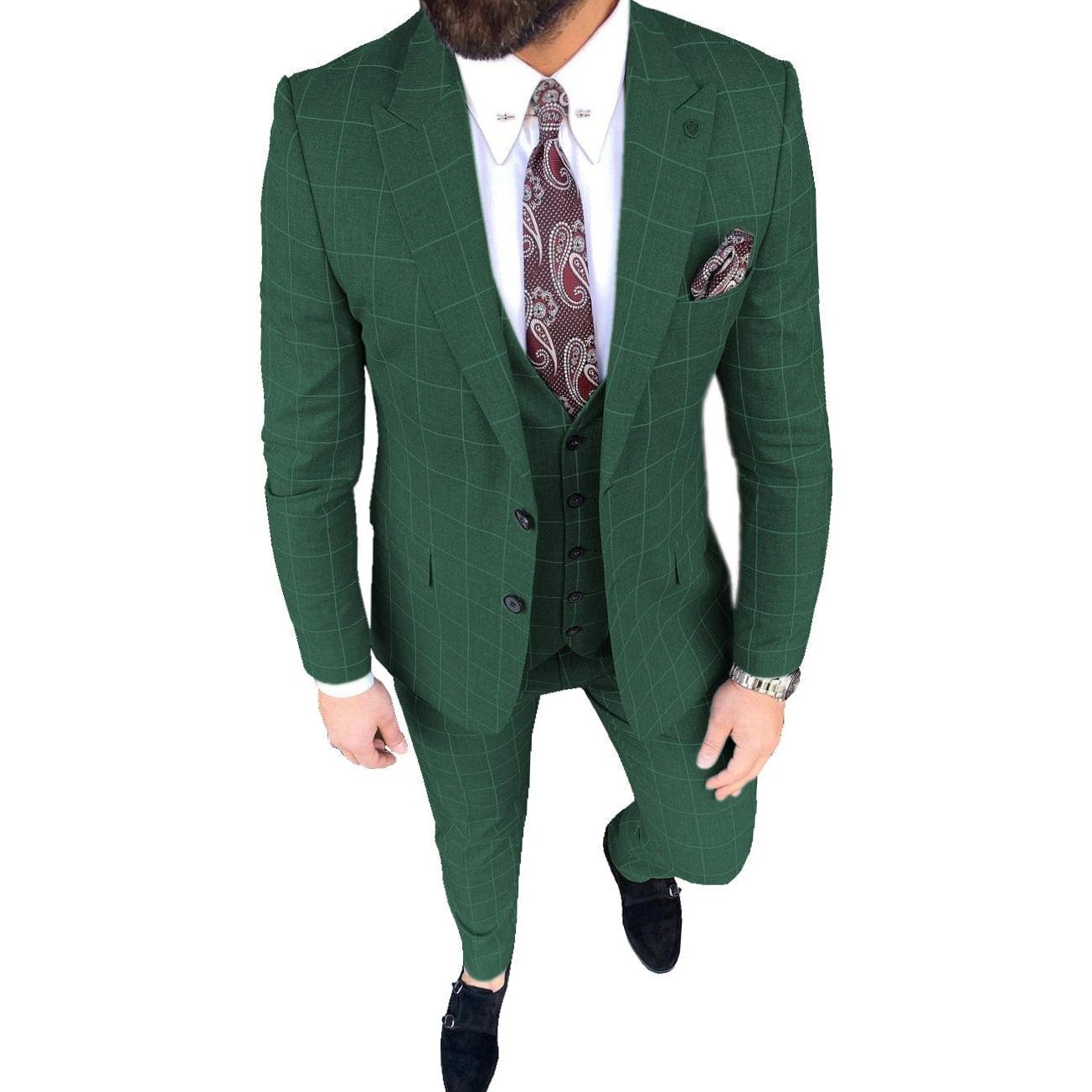 Ceehuteey Mens Suit Pieces Peak Lapel Plaid Solid Suits for GroomBlazer+Vest+Pants – Hunt Green R