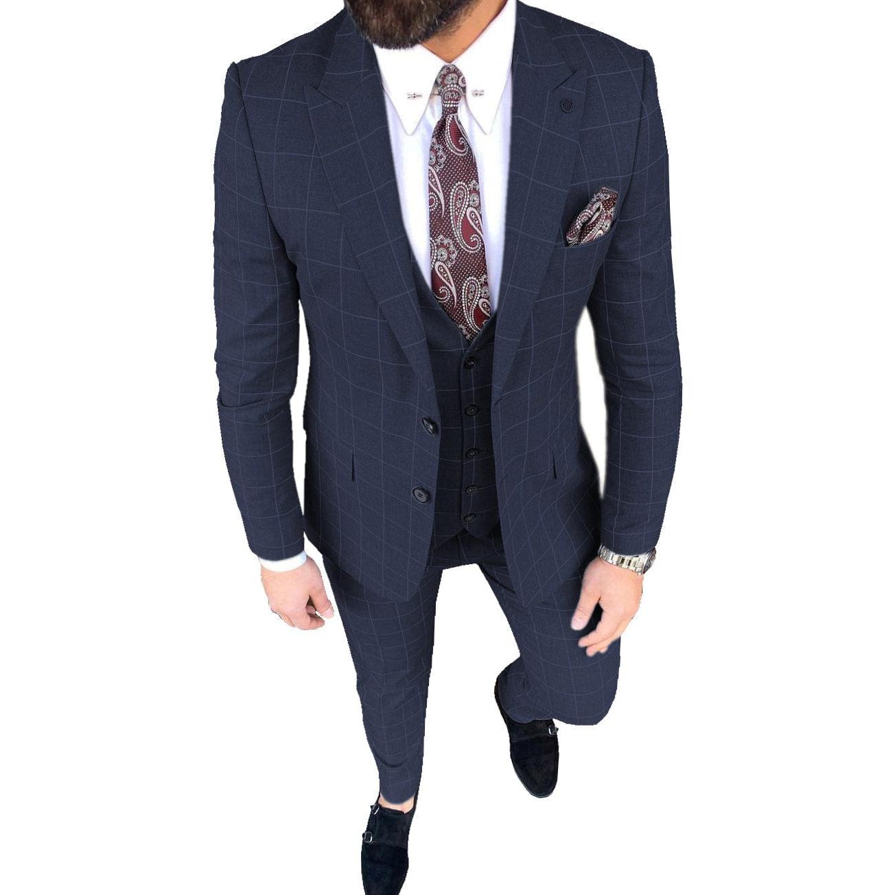 Ceehuteey Mens Suit Pieces Peak Lapel Plaid Solid Suits for GroomBlazer+Vest+Pants – Navy R Ceehuteey Mens Suit Pieces Peak Lapel Plaid Solid Suits for GroomBlazer+Vest+Pants – Navy R