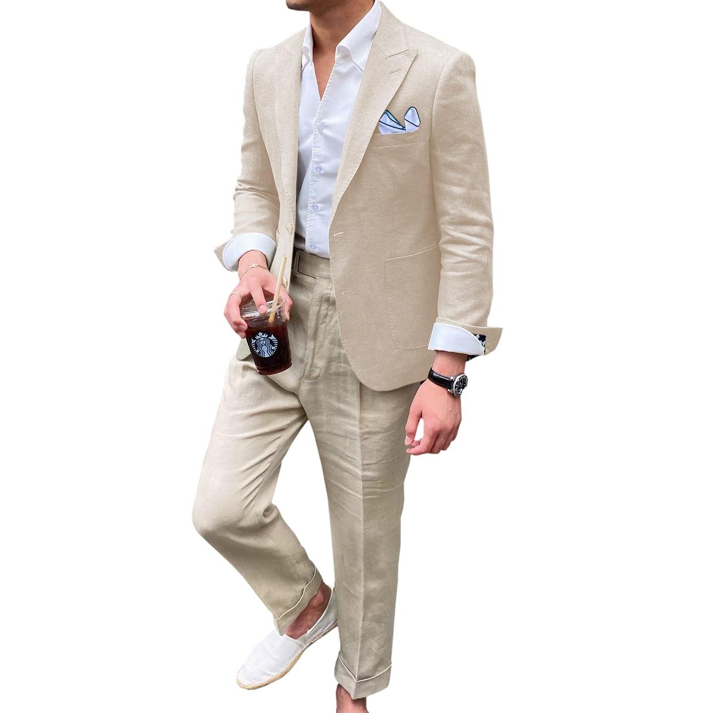 Ceehuteey Summer Linen Men’s Peak lapel Suit for Blazer – Beige R
