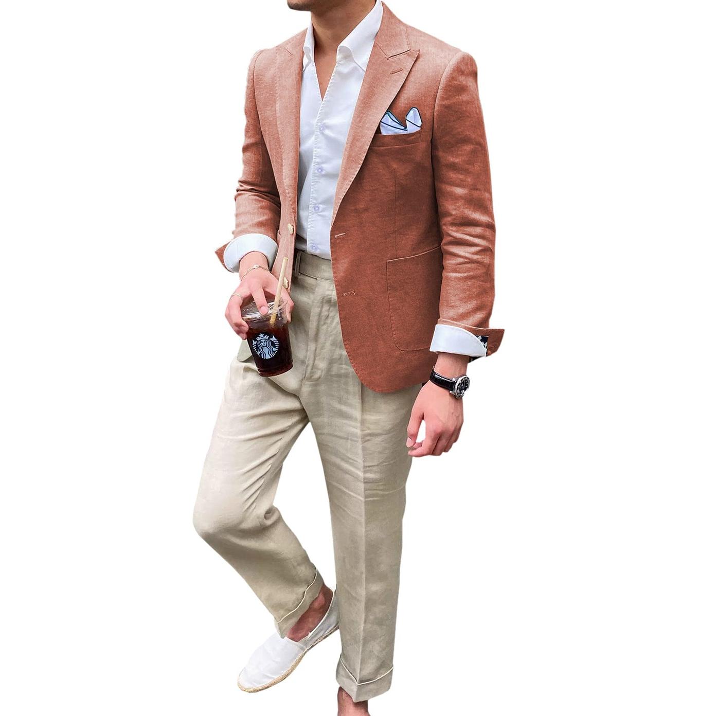 Ceehuteey Summer Linen Men’s Peak lapel Suit for Blazer – Coral R
