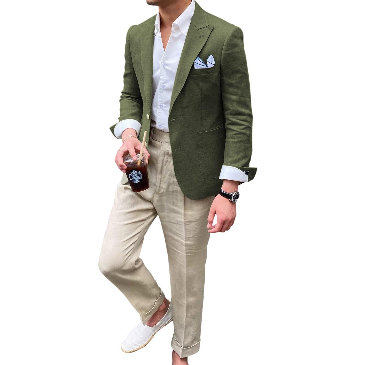 Ceehuteey Summer Linen Men’s Peak lapel Suit for Blazer – Army Green R