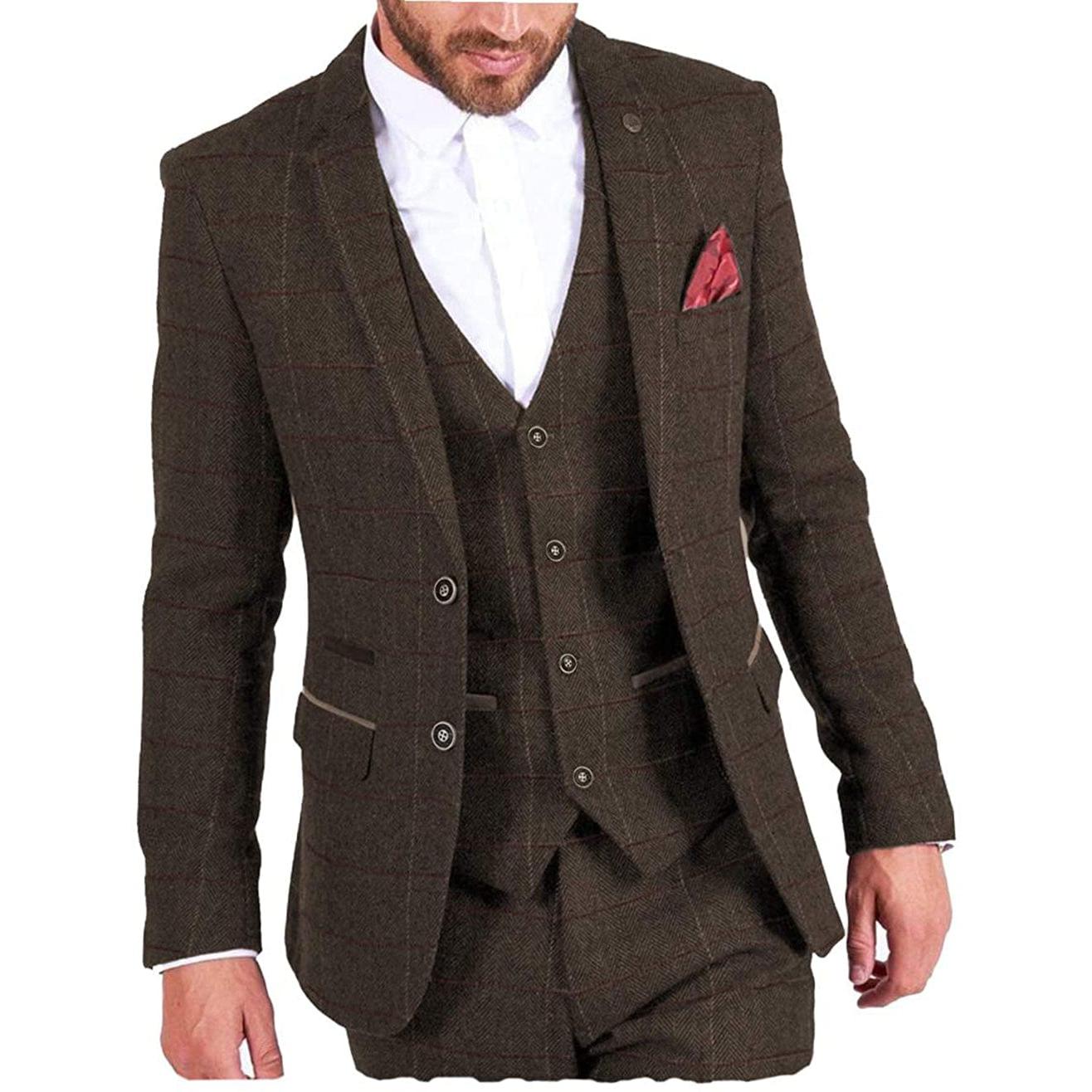 Ceehuteey Vintage Classic Men’s Pieces Plaid Notch Lapel Suit Blazer+Vest+Pants – Coffee R