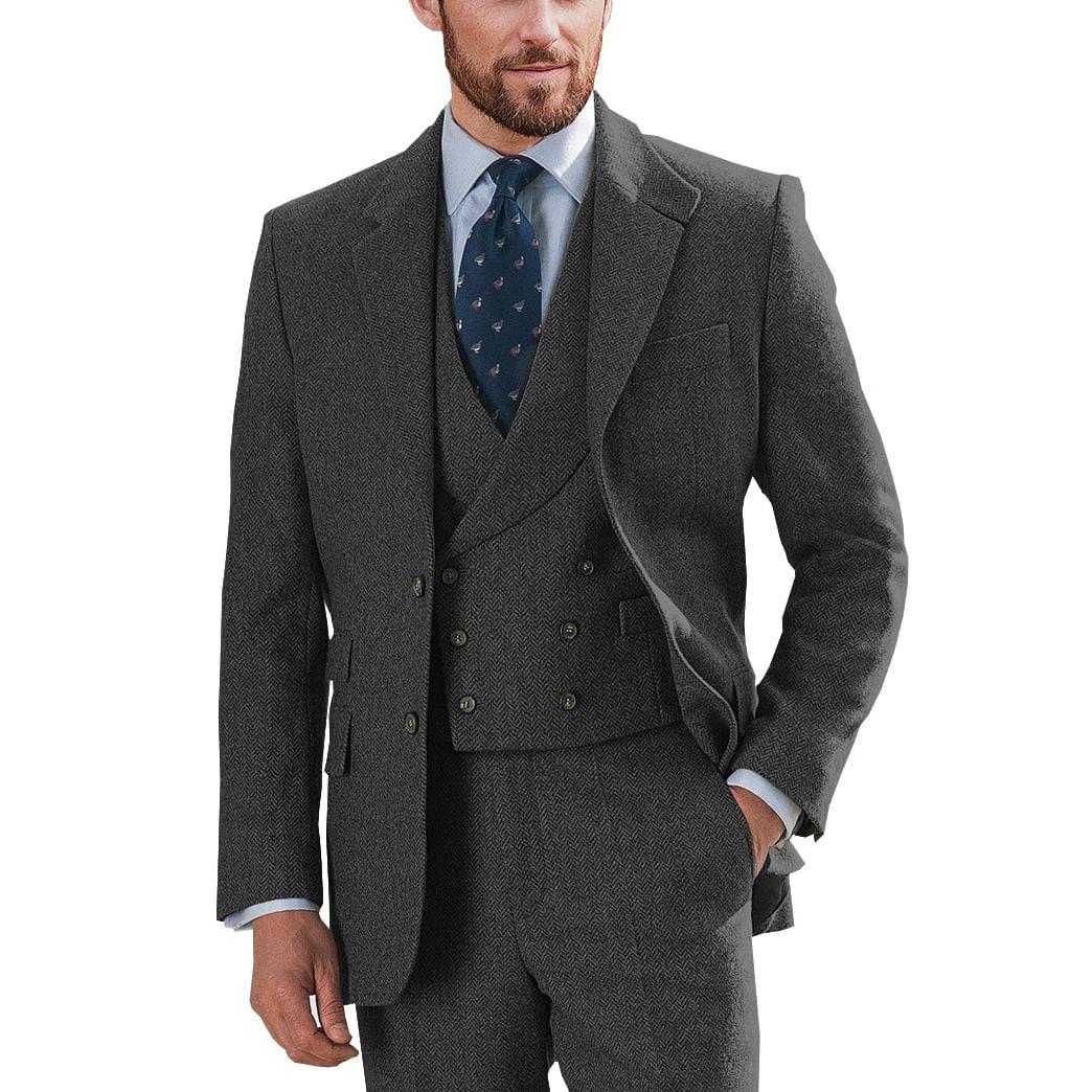 Ceehuteey Pieces Mens Suit Herringbone Notch Lapel for Men Blazer+Vest+Pants – Black R