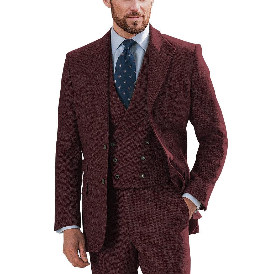 Ceehuteey Pieces Mens Suit Herringbone Notch Lapel for Men Blazer+Vest+Pants – Burgundy R Ceehuteey Pieces Mens Suit Herringbone Notch Lapel for Men Blazer+Vest+Pants – Burgundy R