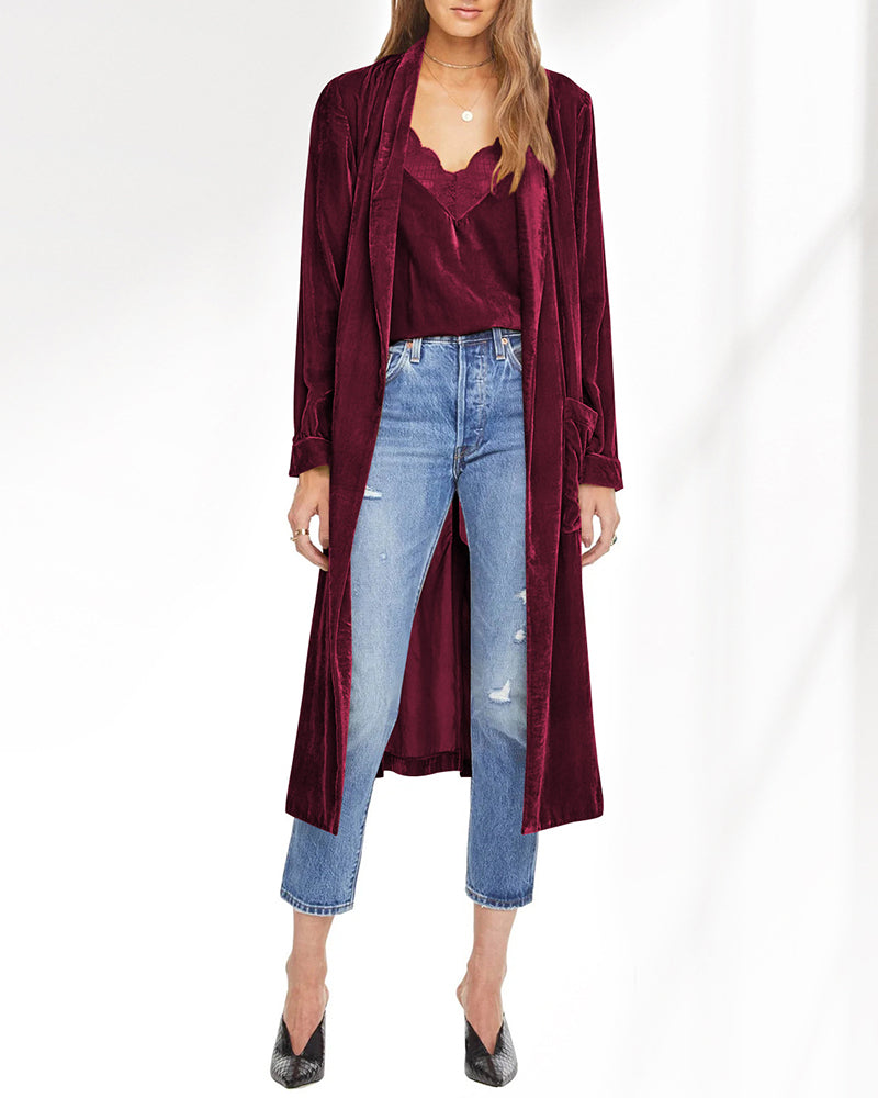 Long Velvet Cardigan Jacket Casual Open Front Velour Lapel Cardigan Maxi Blazer – Wine Red