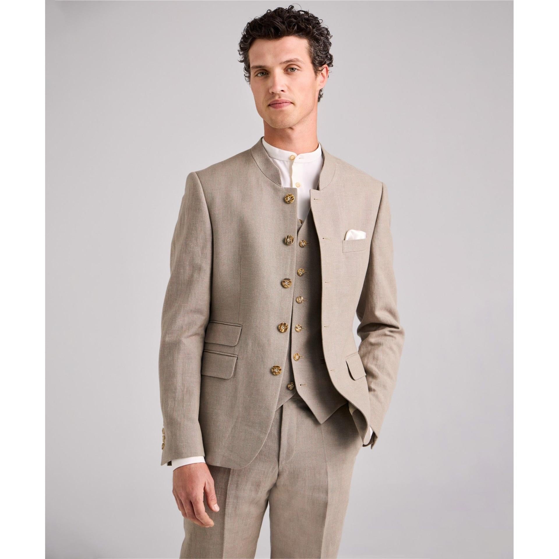 Classic Piece Men’s Slim Fit Solid Color Stand Collar Wedding Suit Blazer+vest+Pants