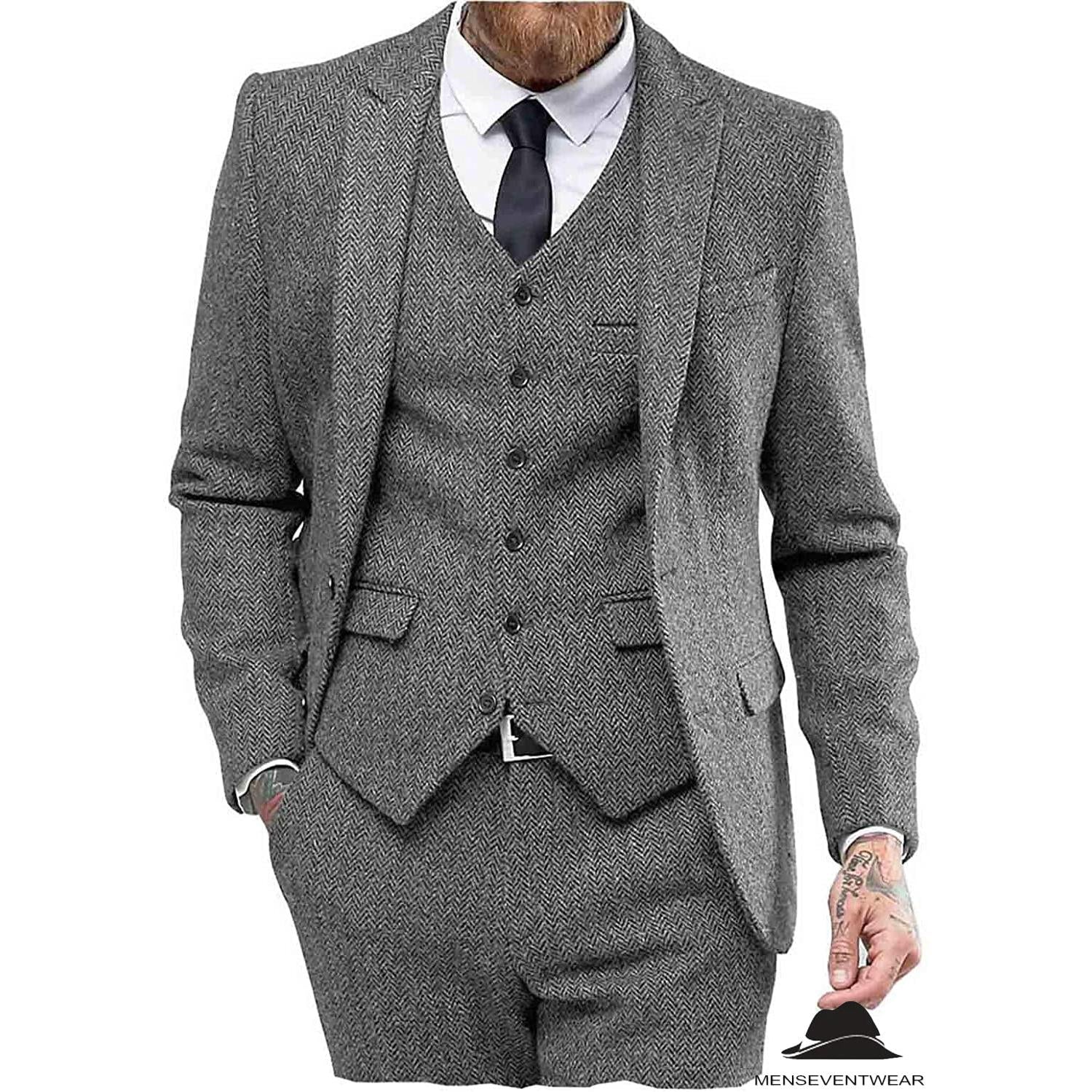Menseventwear Classic Pieces Mens Suit Herringbone Tweed Peak Lapel Tuxedos Blazer+vest+Pants Menseventwear Classic Pieces Mens Suit Herringbone Tweed Peak Lapel Tuxedos Blazer+vest+Pants