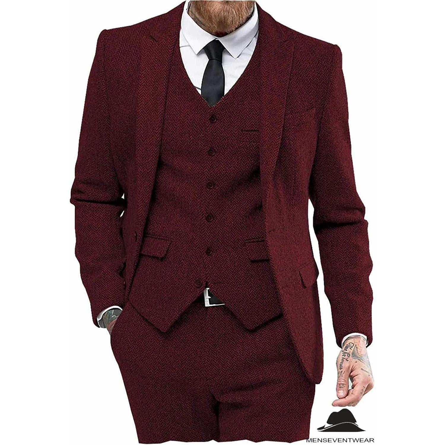 Menseventwear Classic Pieces Mens Suit Herringbone Tweed Peak Lapel Tuxedos Blazer+vest+Pants Menseventwear Classic Pieces Mens Suit Herringbone Tweed Peak Lapel Tuxedos Blazer+vest+Pants
