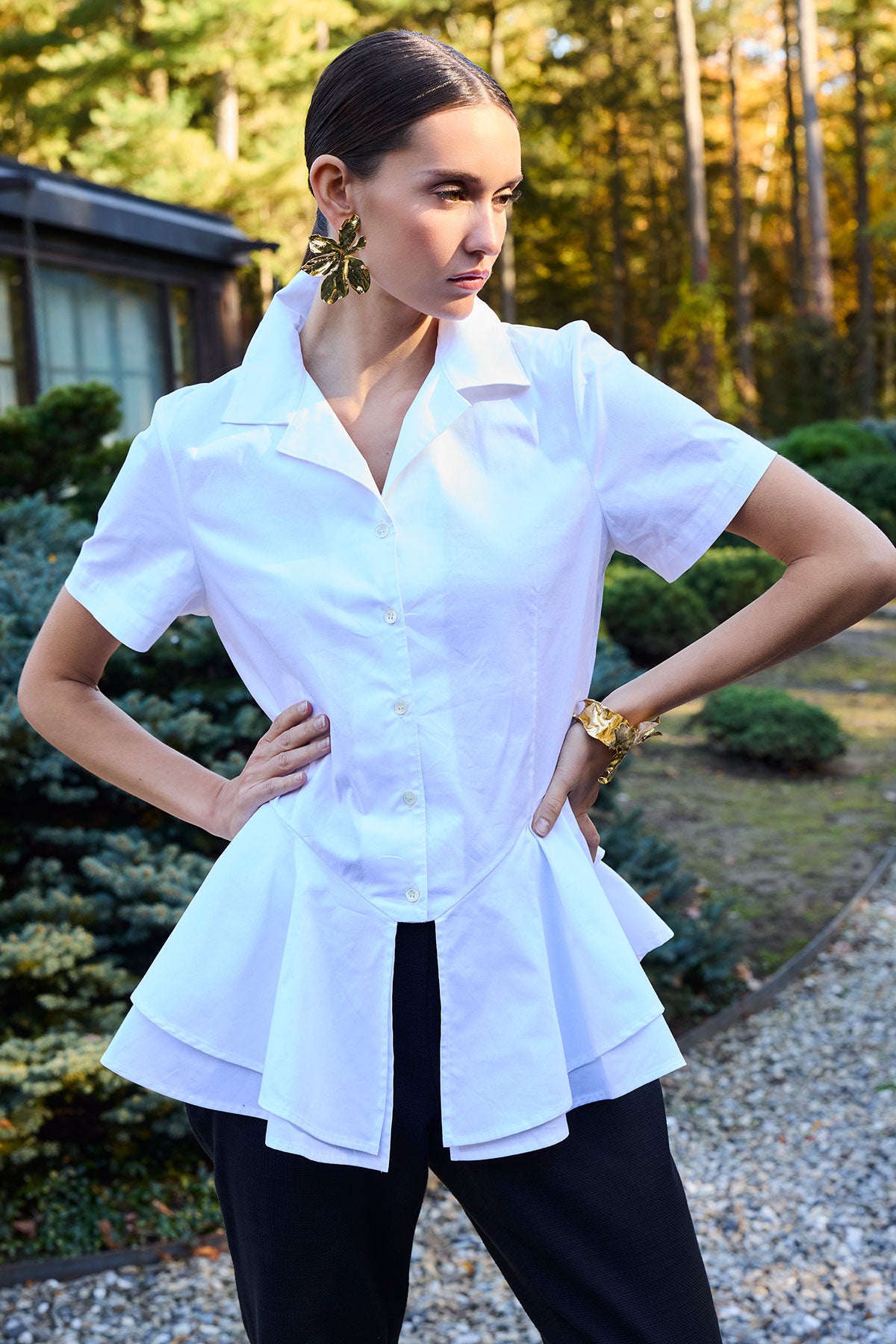 Cotton Poplin Tiered Hem Short Sleeve Shirt Cotton Poplin Tiered Hem Short Sleeve Shirt