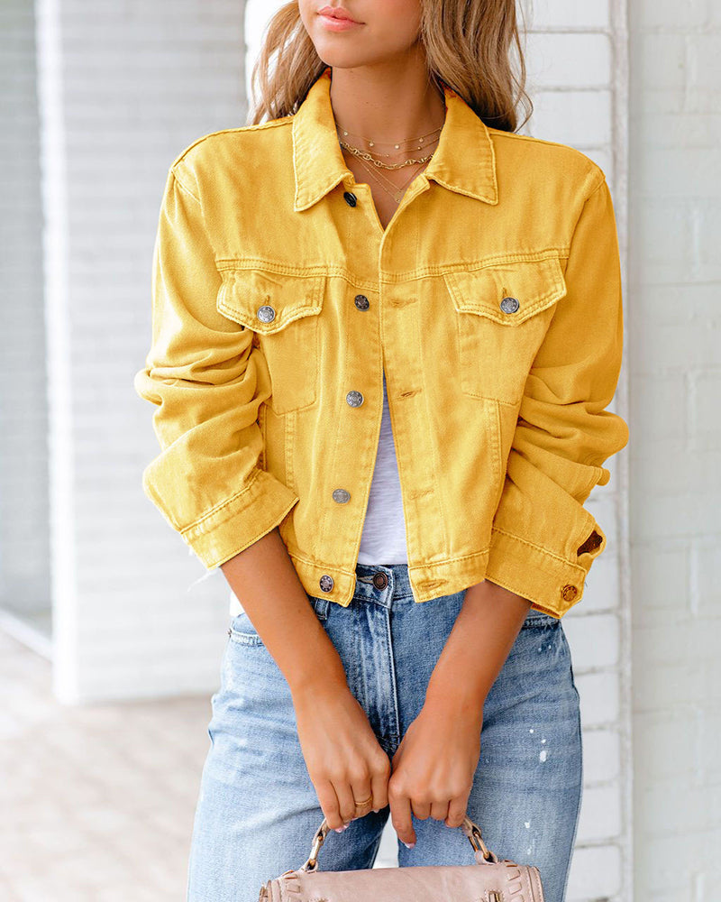 Zeagoo Cropped Denim Jacket Button Down Short Trucker Distressed Raw Hem Ripped Jean Jackets – Yellow Zeagoo Cropped Denim Jacket Button Down Short Trucker Distressed Raw Hem Ripped Jean Jackets – Yellow
