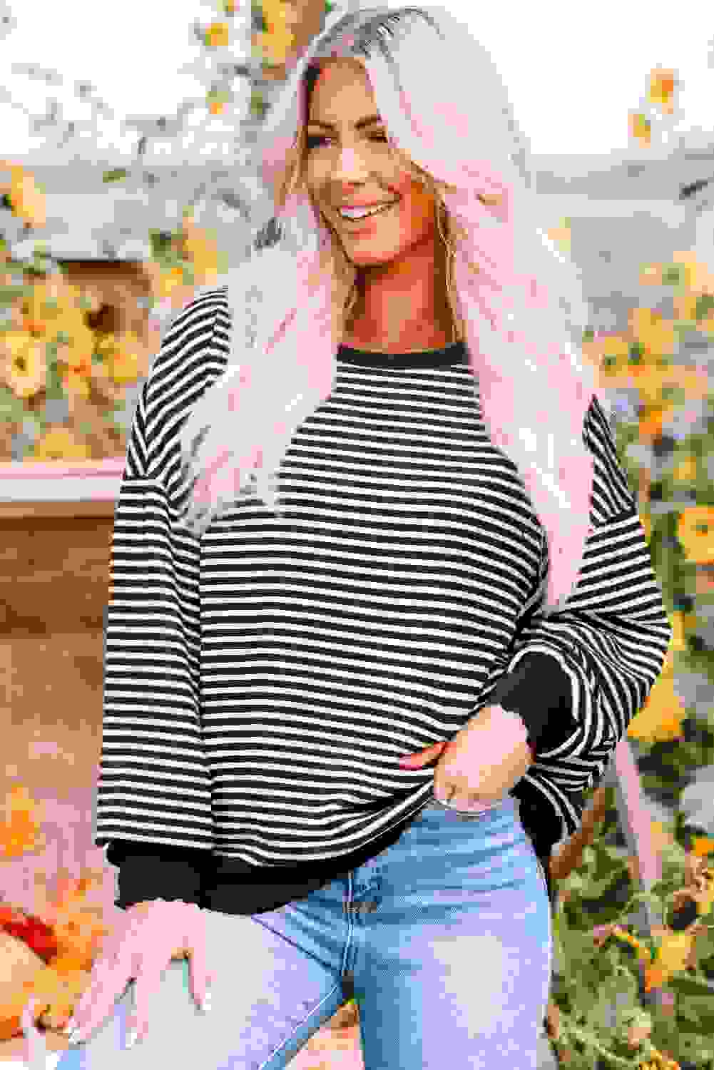 Angie Stripe Loose Drop Shoulder Long Sleeve Top Angie Stripe Loose Drop Shoulder Long Sleeve Top