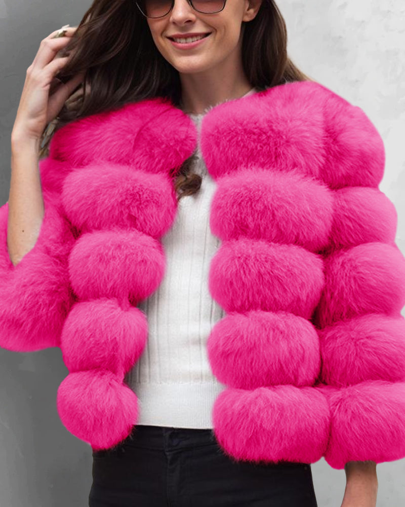 Faux Fox Fur Coat Short Jacket Winter Warm Outwear – Rose Red