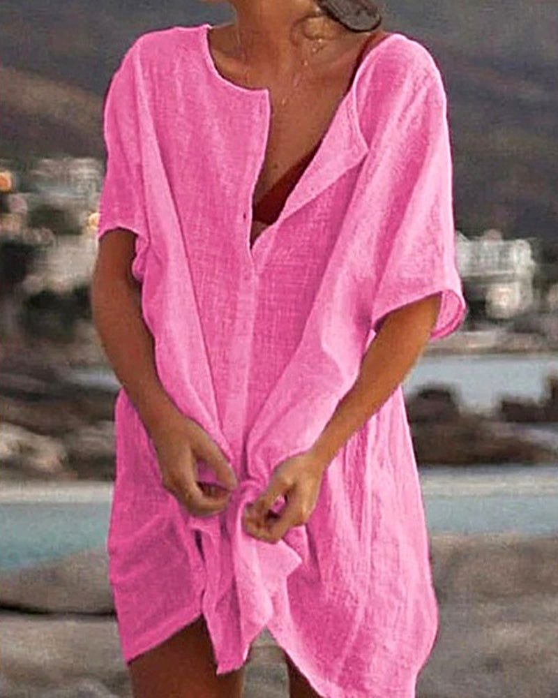 V Neck Solid Color Comfortable Shirt Short Sleeves Shirt Dress – Pink