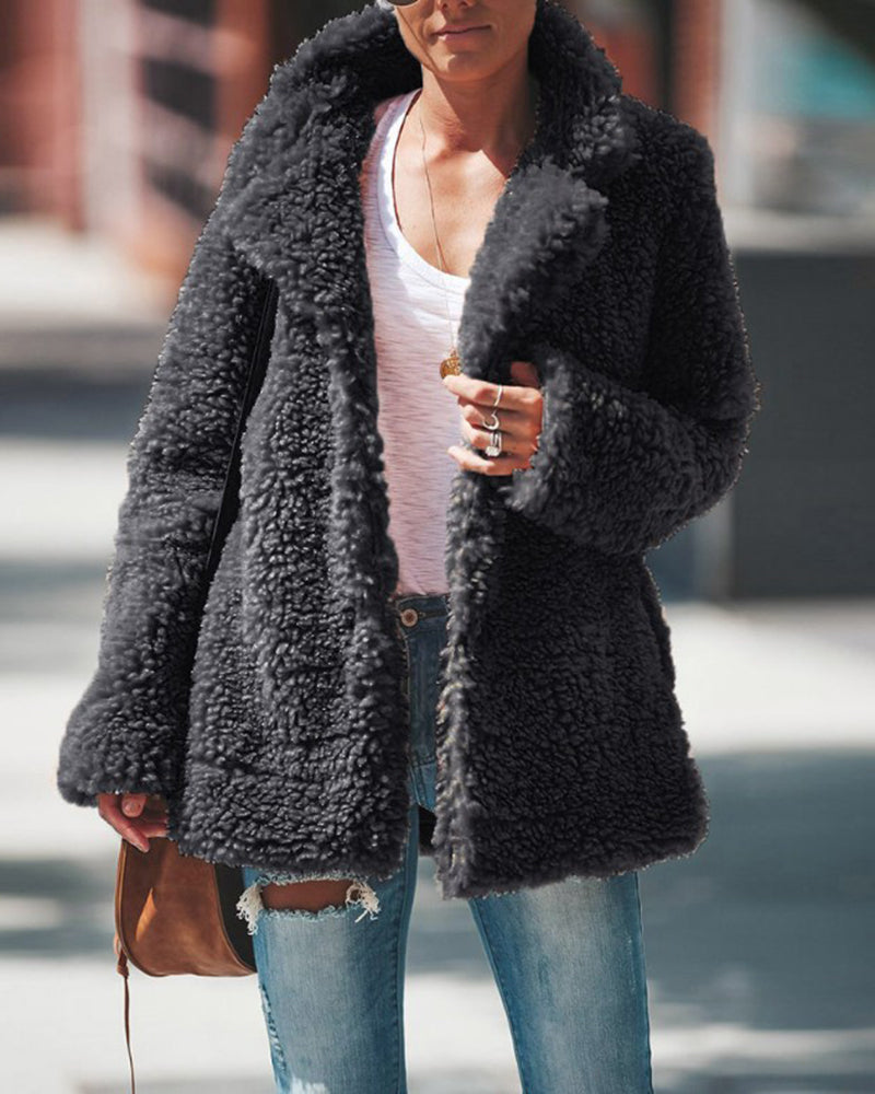 Plush Coat Lapel Long Sleeved Cardigan Jacket – Dark Grey