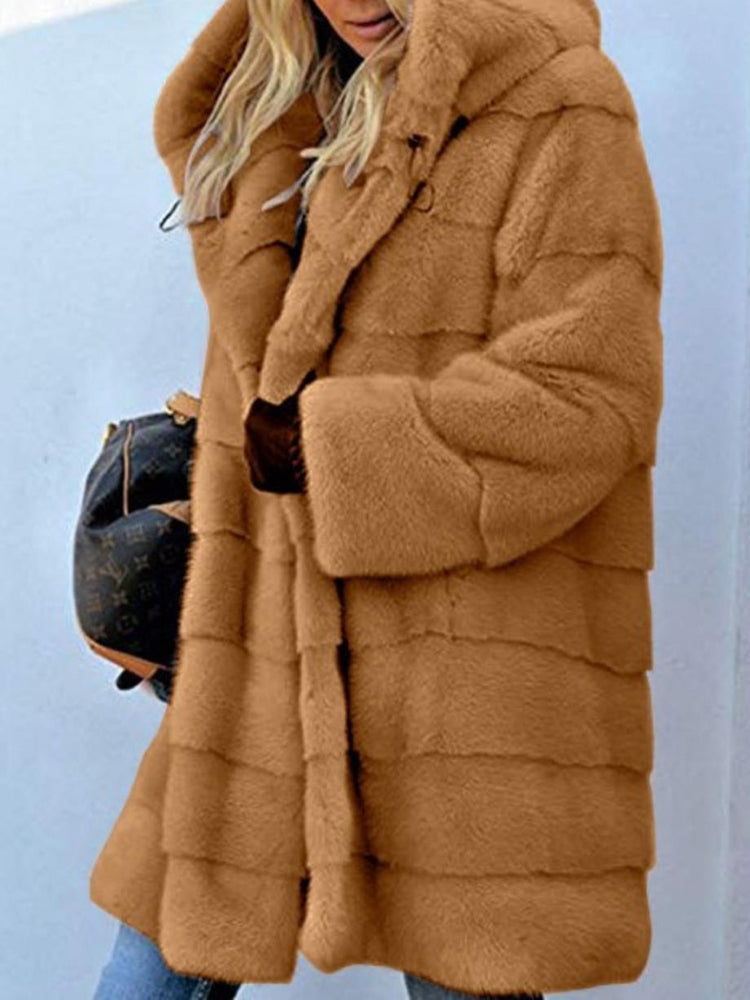 Faux Fur Hooded Jacket Open Front Parka Outwear – Brown L- Faux Fur Hooded Jacket Open Front Parka Outwear – Brown L-