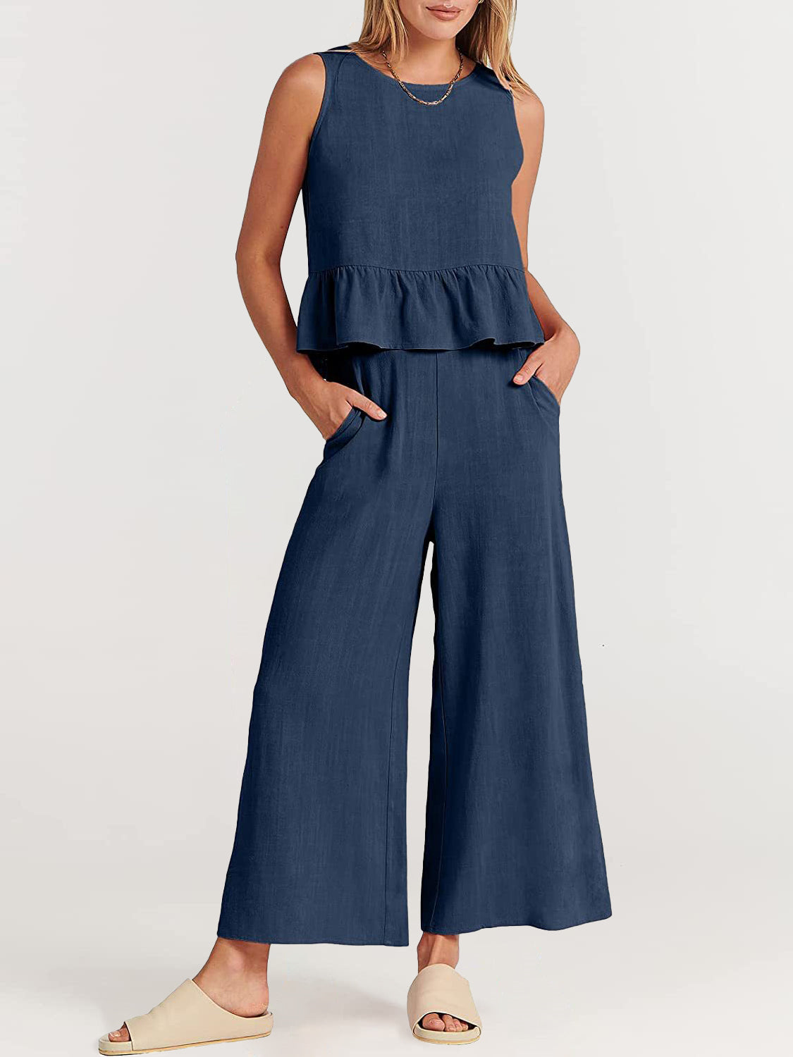 Zeagoo Piece Outfits Sleeveless Ruffle Tank Crop Top and Wide Leg Pants Lounge Set with Pockets – Navy blue M Zeagoo Piece Outfits Sleeveless Ruffle Tank Crop Top and Wide Leg Pants Lounge Set with Pockets – Navy blue M