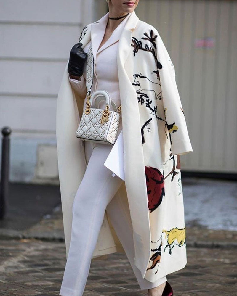 Zeagoo Casual Long Sleeve Lapel Printed Notched Collar Warm Midi Jacket Overcoat – White Print