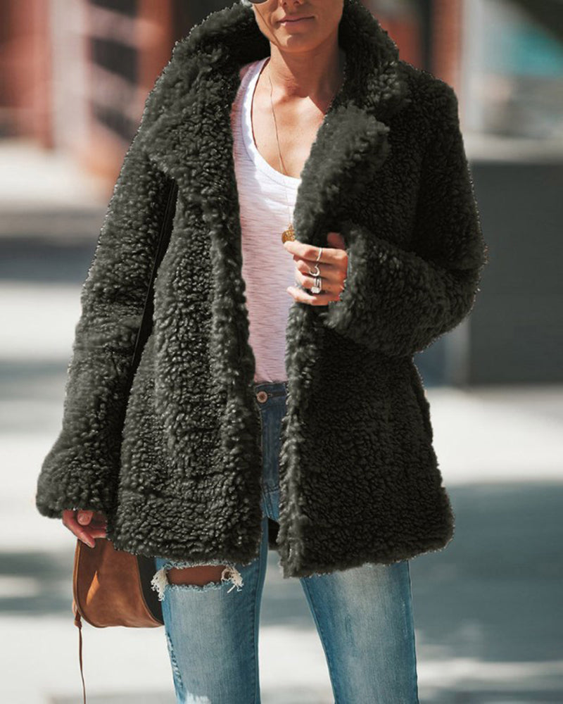 Plush Coat Lapel Long Sleeved Cardigan Jacket – Army Green