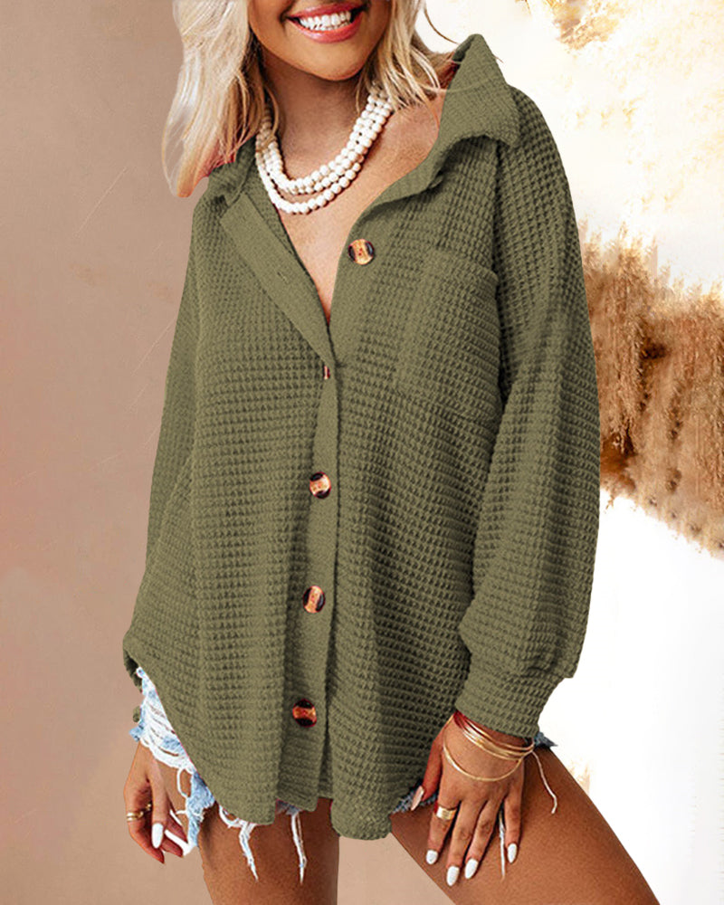 Zeagoo Casual Long Sleeve Top Solid Color Lapel Loose Mid Length Shirt Jacket – Army Green
