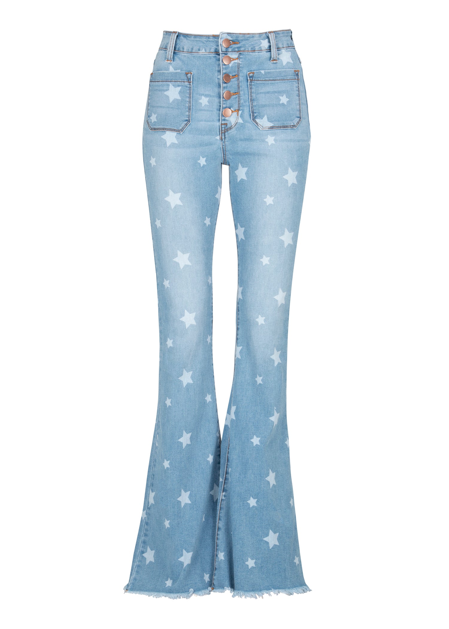 BLUE DENIM STAR PRINT FLARED JEANS WITH FRAYED HEM – Blue