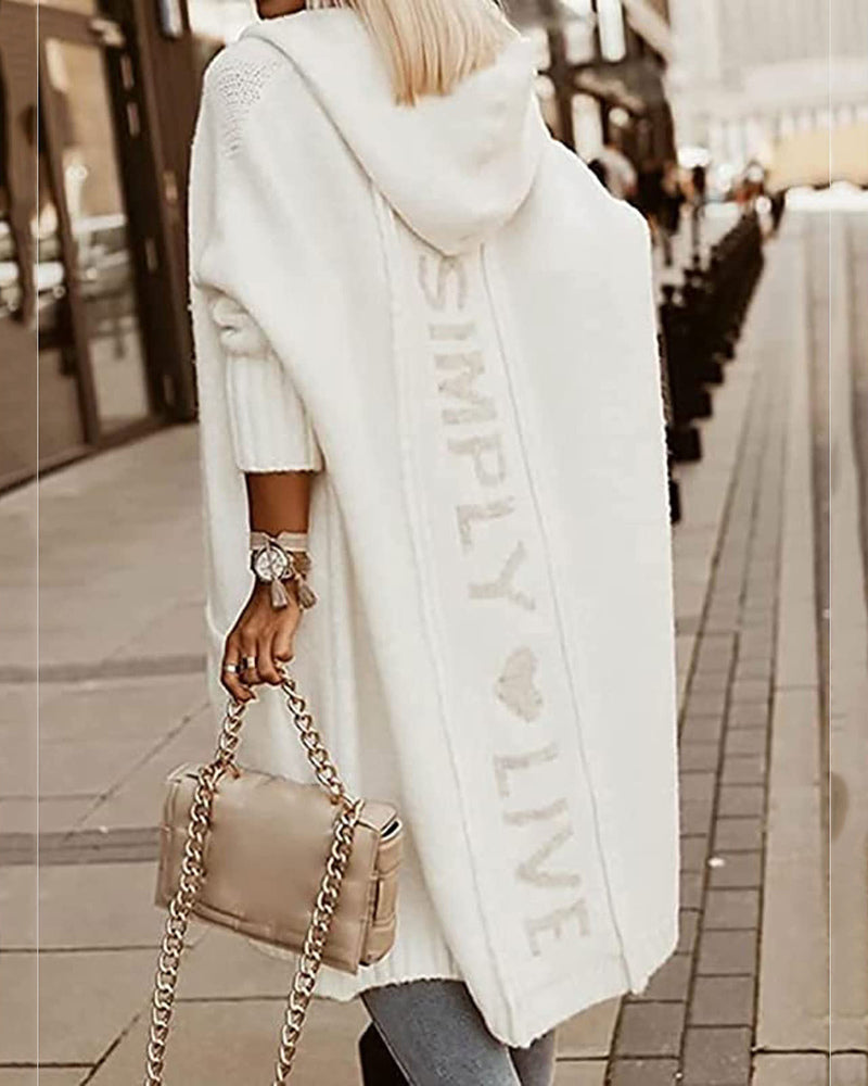 Hoodie Open Front Cardigan Sweaters Solid Color Chunky Long Sweater Coats – White