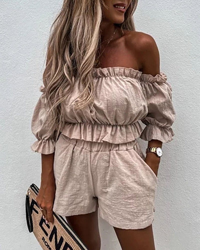 Summer Off Shoulder Tops Shorts Two-piece Set – Khaki Summer Off Shoulder Tops Shorts Two-piece Set – Khaki