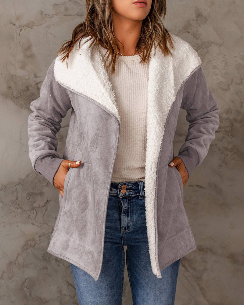 Fleece Long Sleeve Warm Teddy Coat Lapel Cardigan With Pocket – Light Purple S