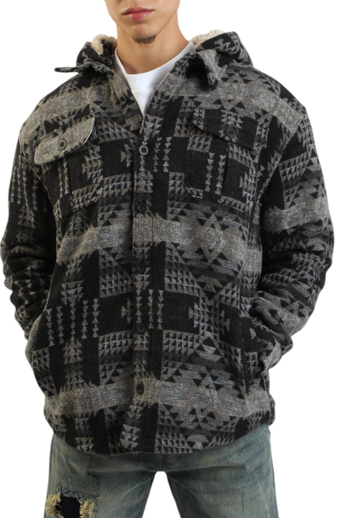 Men Tribal Hooded Overshirt BlackGrey Jackets BlackGrey